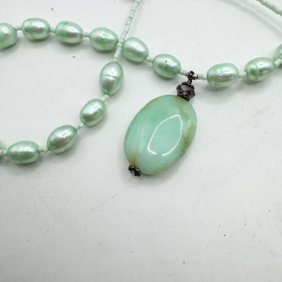 Green Nugget Baroque Pearl Necklace With Amazonite Pendant Sterling Silver 18” - Picture 13 of 15